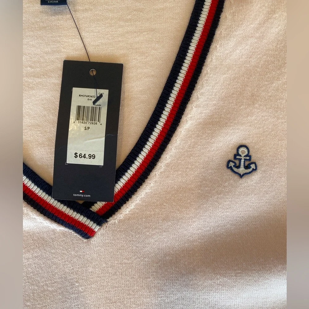 NWT Tommy Hilfiger Powder Pink V Neck Nautical Sweater - Picture 3 of 4